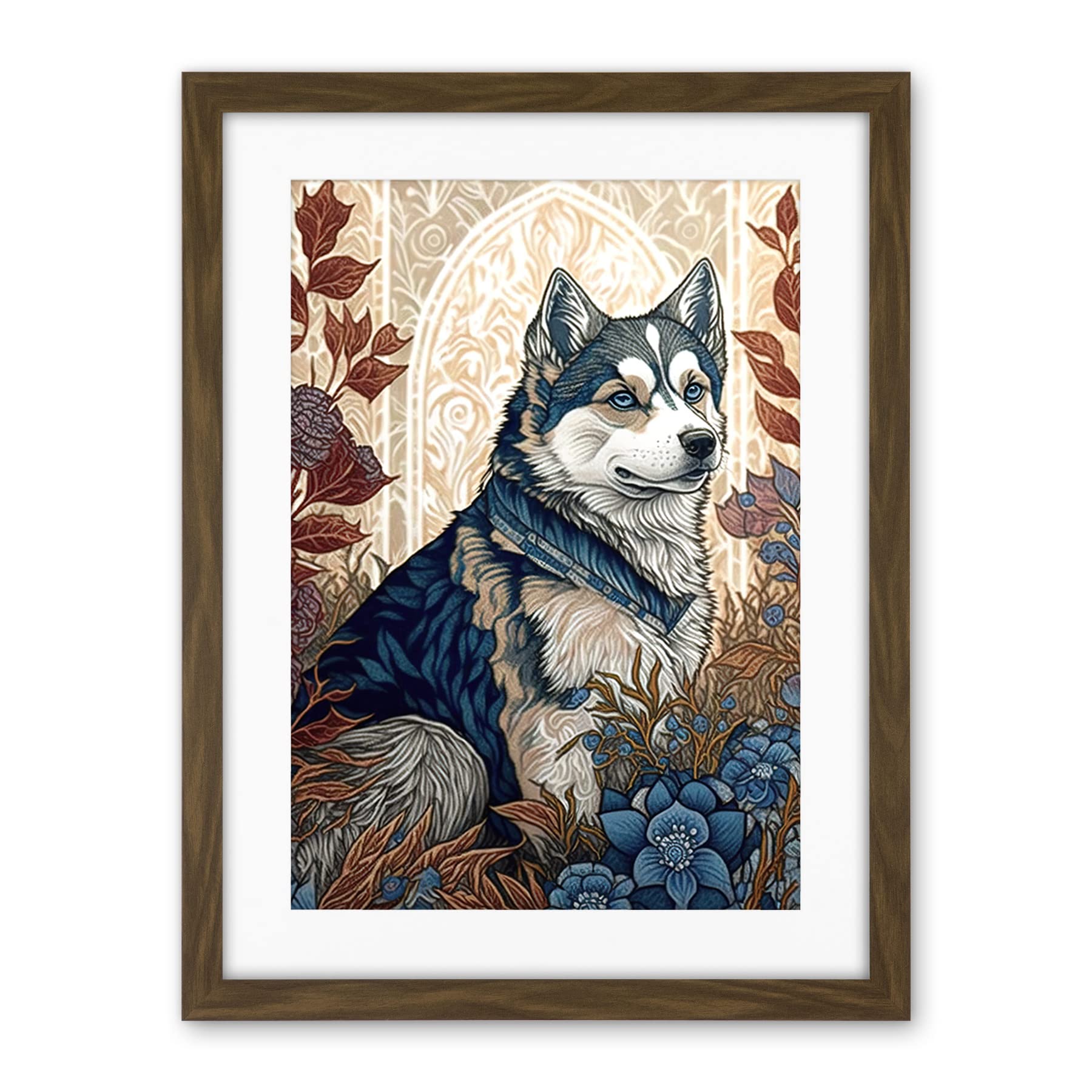 Artery8 Siberian Husky Dog in Autumn Flower Field Modern Art Nouveau Illustration Artwork Framed Wall Art Print 18X24 Inch