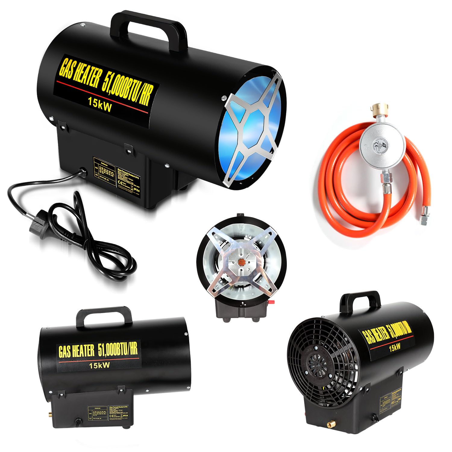 Eulenke Soplador de calefacción de gas de 15 kW Calefactor de gas Caudal de aire 320 m³/h, Calefactor radiante de gas incl. manguera de gas y reductor de presión, cañón de calor generador de aire