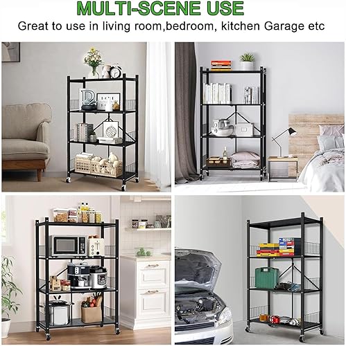 Miniatura 3 de Estantes plegables de almacenamiento, estantes plegables de metal con ruedas, estantes y estantes de almacenamiento, estantes rodantes, estantes