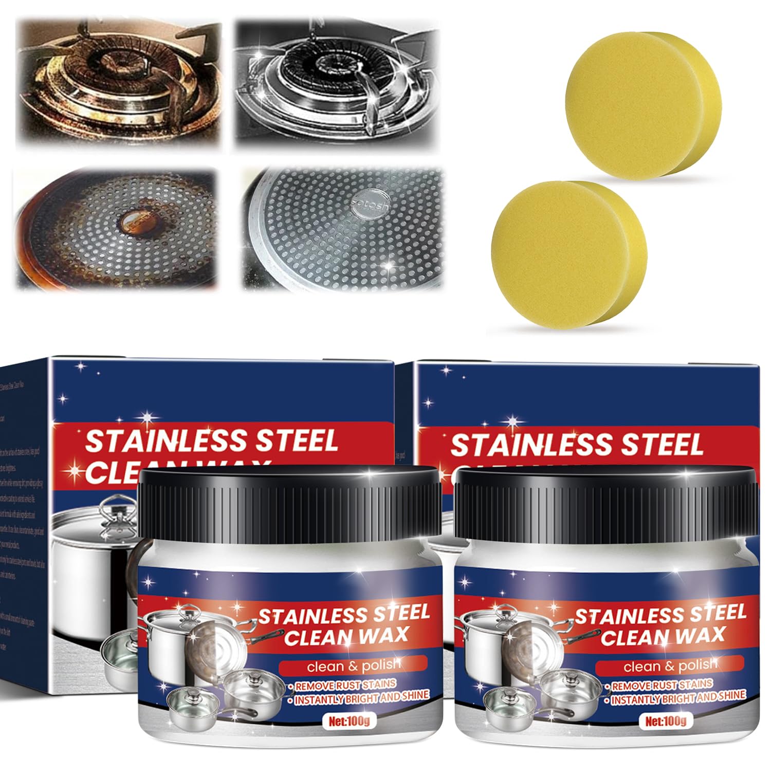 2PCS Stainless Steel Clean Wax, Magical Nano-Technology Stainless Steels Cleaning Paste, Stain-less Steel Cleaner and Metal Polish,3 In 1 Powerful Cookware Cleaning Paste for Pots and Pans,Oven,Sink