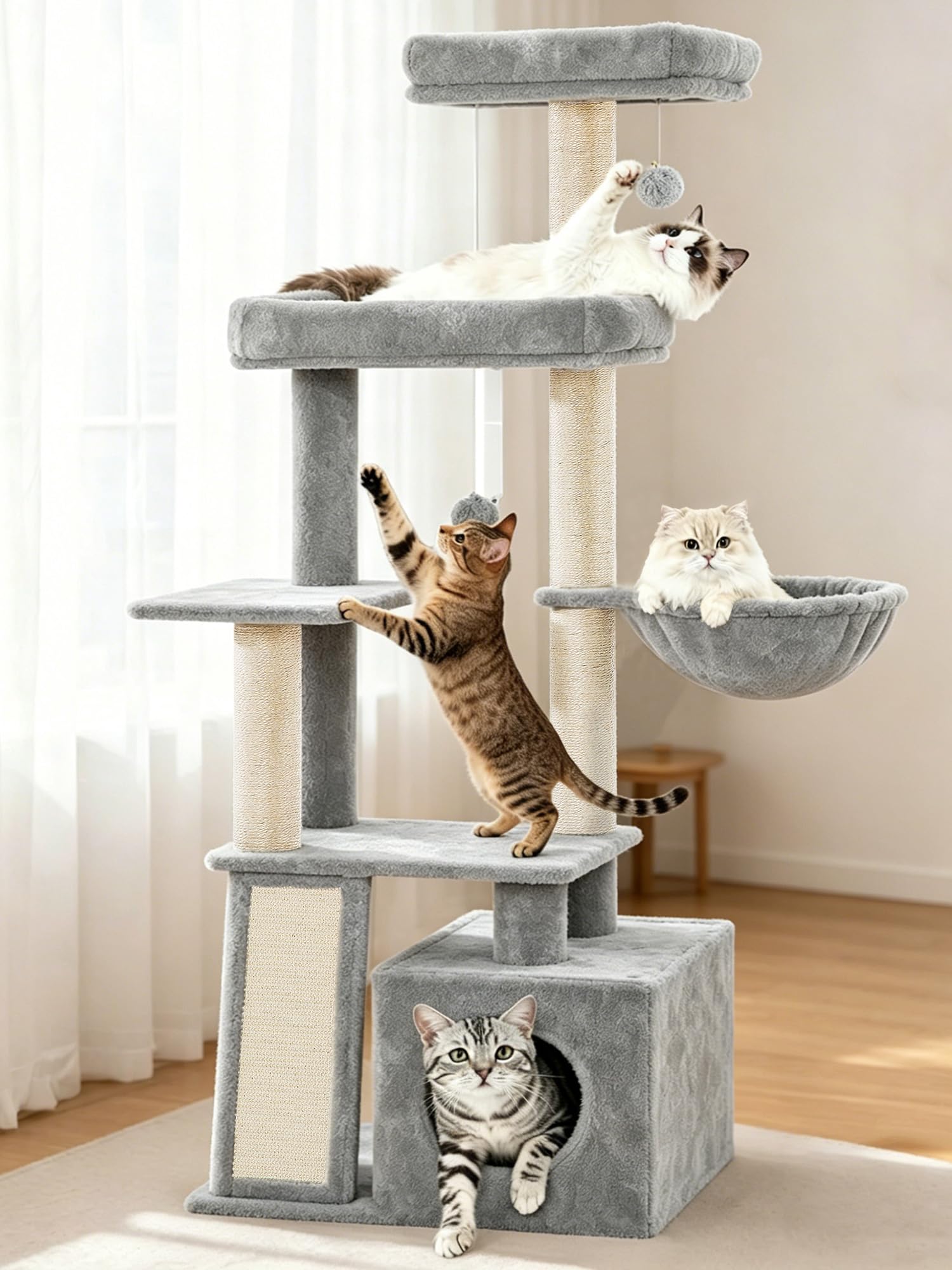 Albero Tiragraffi, Torre per Gatti da 144 cm, Grigio Chiaro | Tiragraffi a Più Livelli con Tavola Tiragraffi, 4 Pali in Sisal, Comoda Cuccia, 2 Trespoli, Cestino, Pompons FPMS010FG1