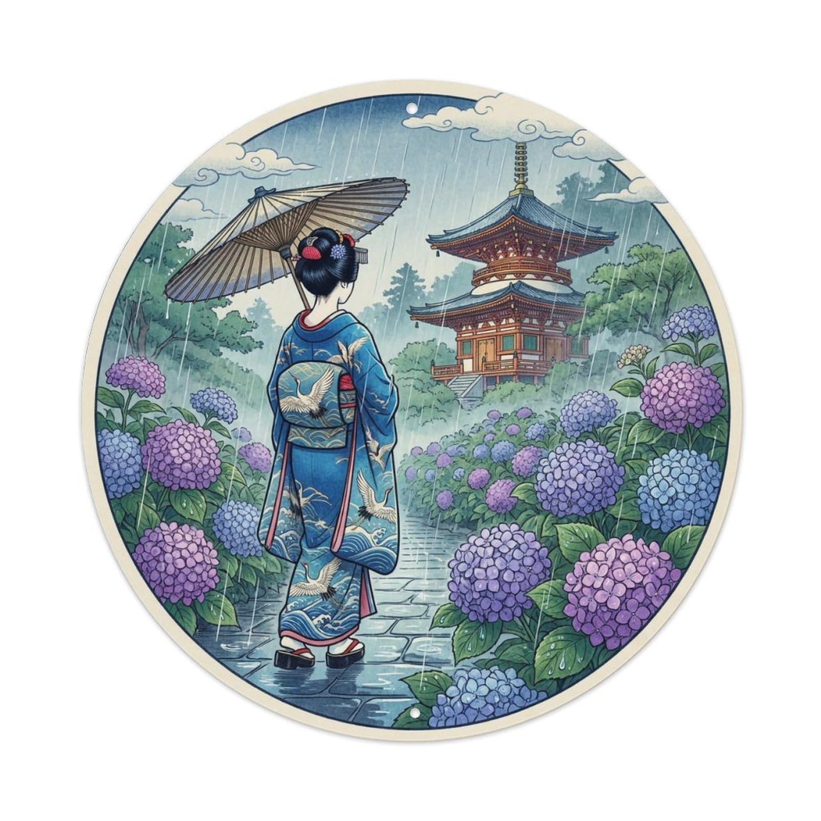 Yrnq 8X8inch Vintage Style Japanese Geisha Hydrangea Temple Rain Summer Embellishment Metal Tin Sign