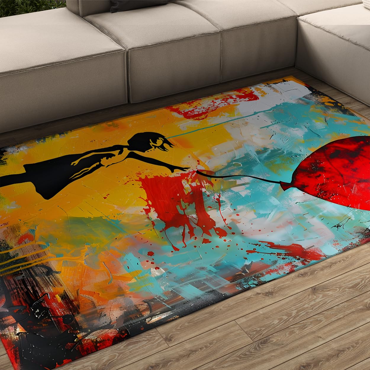 Tapis Banksy Girl avec Ballon antidérapant lavable pour salle de jeux