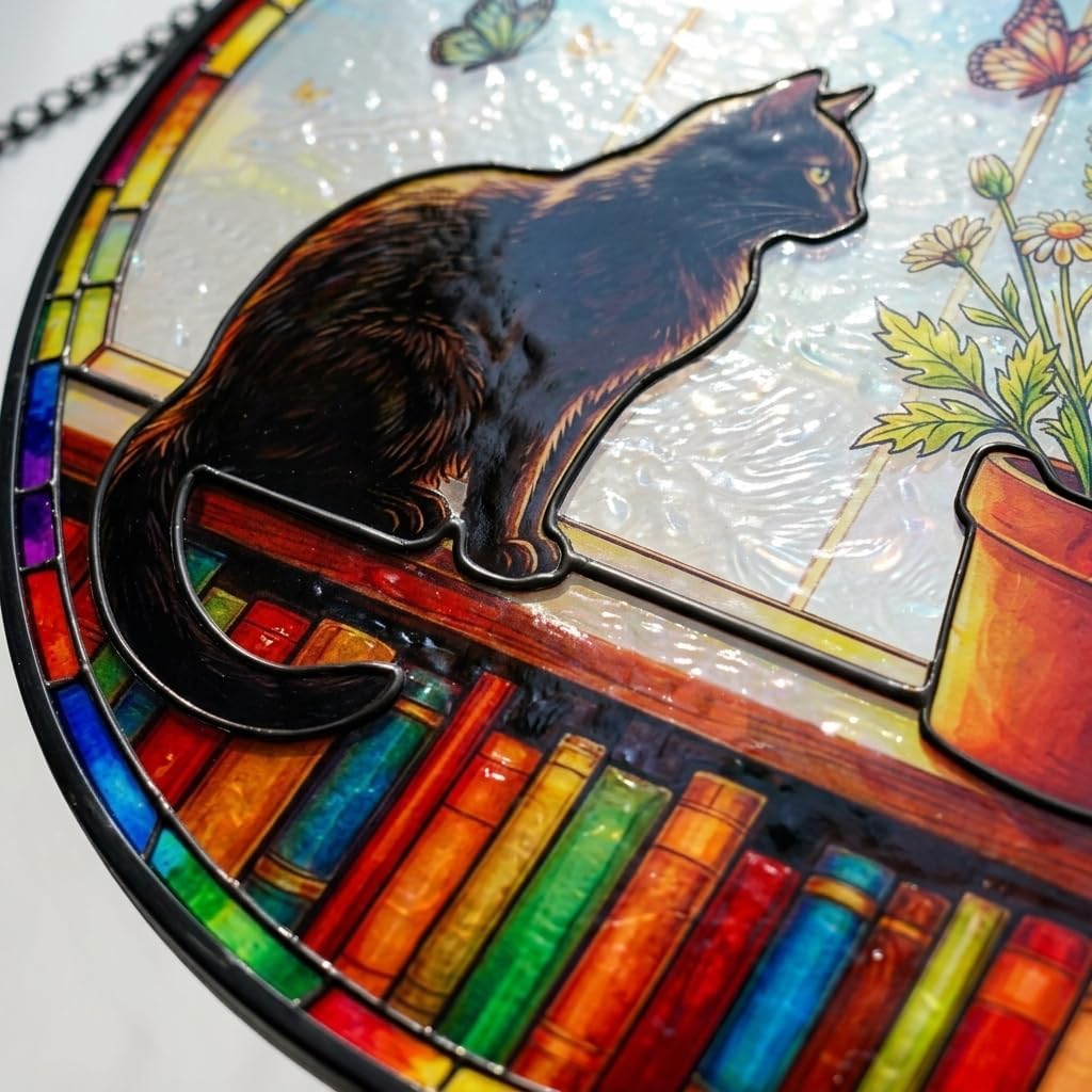 Stained Glass Black Cat Bookshelf Suncatcher, Animal Window Hanging, Flower Pot Sun Catcher with Butterfly Design, Colorful Home Decoration for Cat Lovers, Gift for Women Men, 8inches Sun Catcher