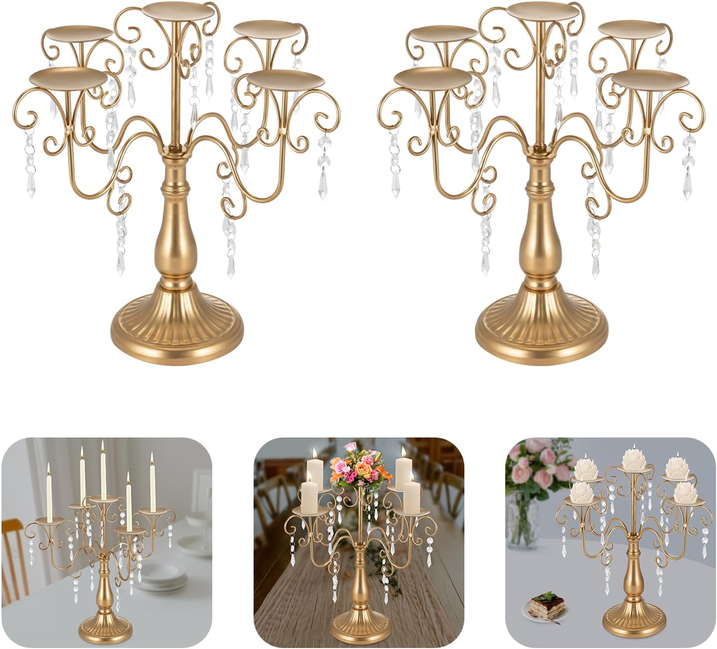 2 PCS Gold 5 Arm Candelabra, Vintage Candle Holder Set with Crystal Beads, Iron Candelabra Centerpieces for Table, Decorative Candleholders Holders for Wedding Christmas Party Home