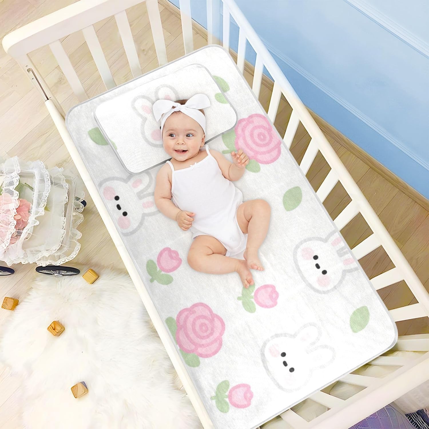 Cute Cartoon White Rabbits Cooling Baby Bed Mattress Cover 28" x 52" Ultra Soft Pads Washable Waterproof for Baby&Toddler