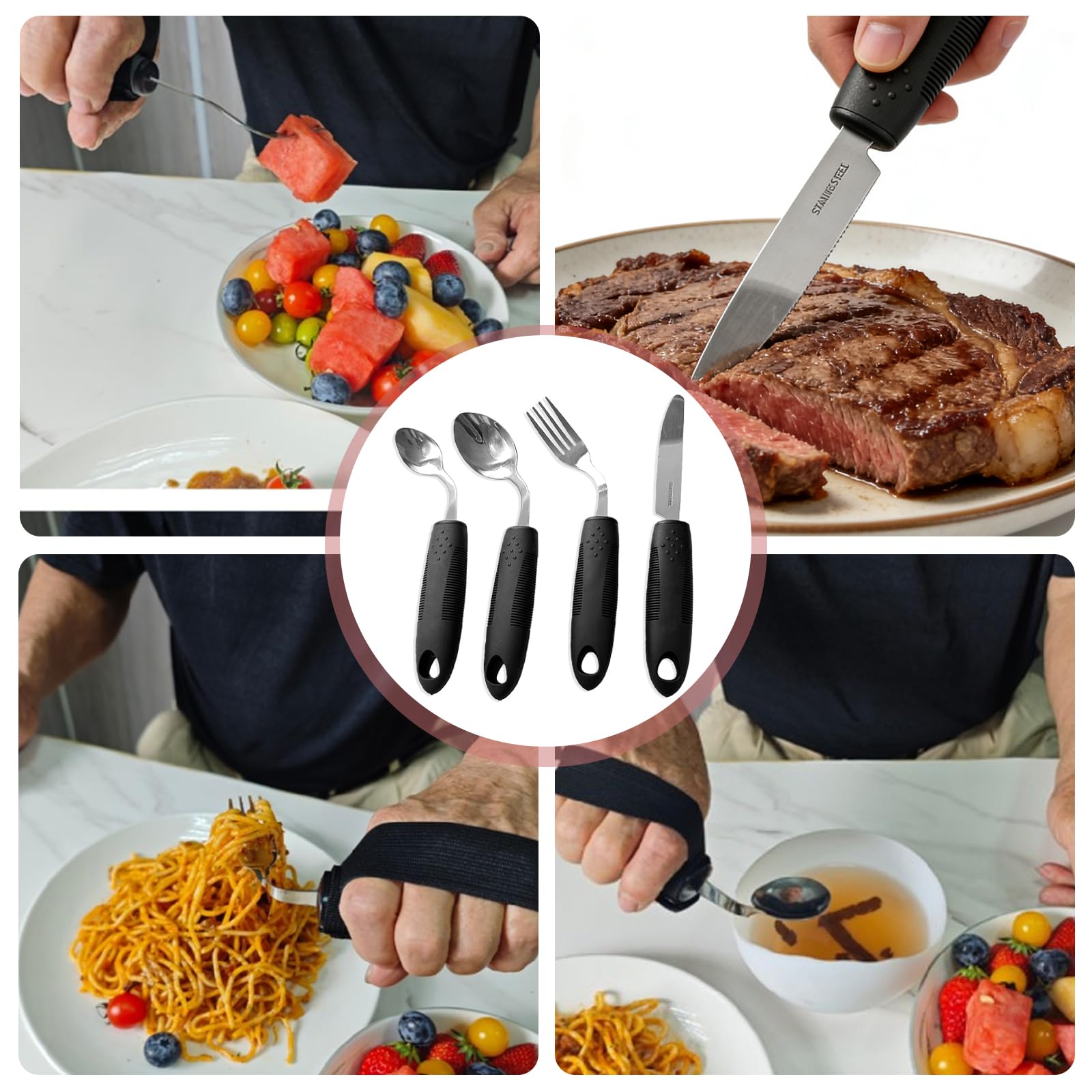 5 couverts Parkinson : ensemble de couverts adaptatifs avec fourchette/cuillère/cuillère à soupe/couteau, couverts pondérés pliés à 42° pour les tremblements de parkinson, tremblement des mains