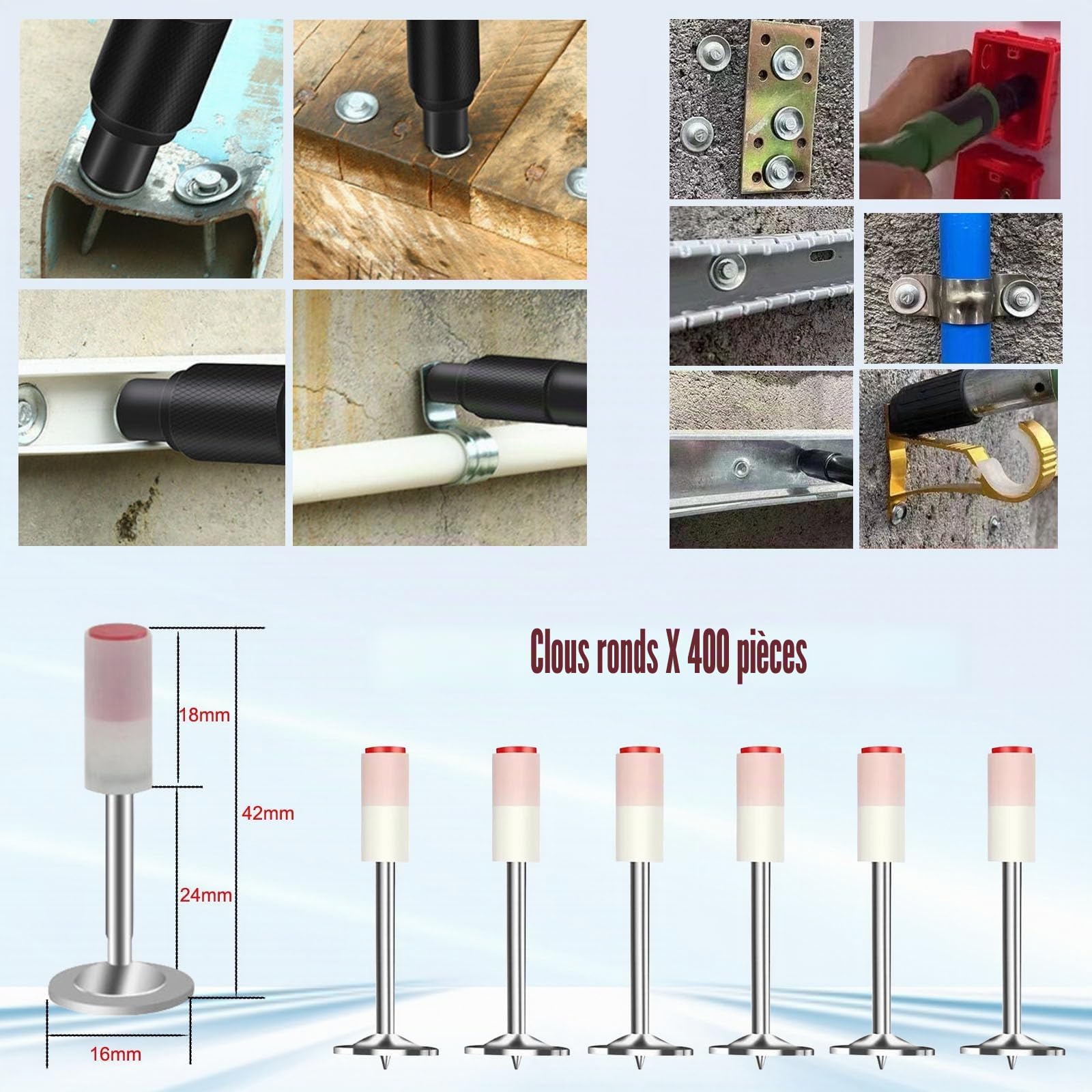 Lot de 400 clous pour pistolets à ongles, pistolet à ongles à air comprimé, clous ronds de 7,3 mm, clous manuels en acier, mini clous pour plafonds, coupe-fil, fixation d'installation et réparation