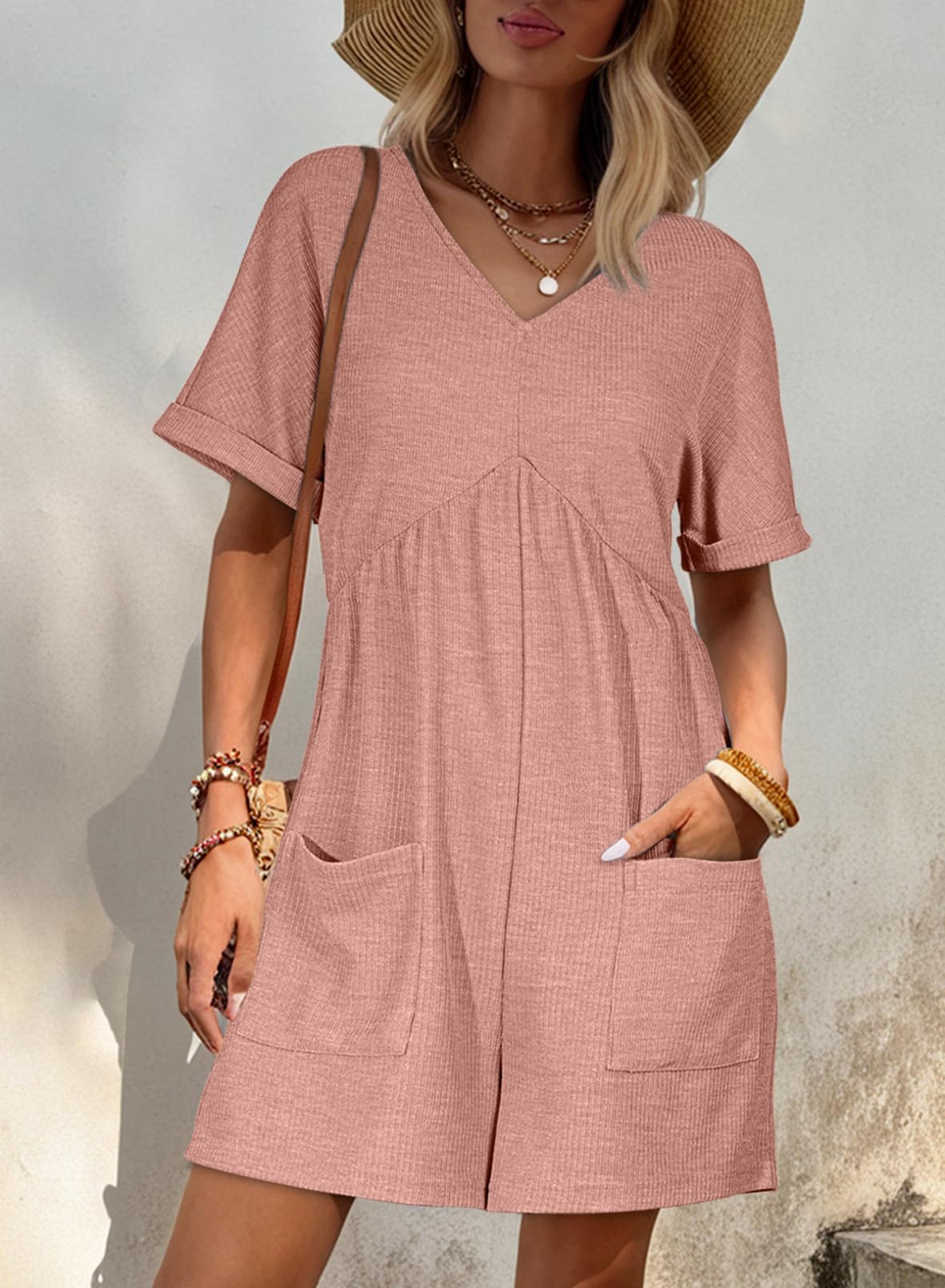 AlvaQ Rompers for Women Solid Color Casual Short Sleeve V Neck Zipper Short Jumpsuits with Pockets: Medium Pink
