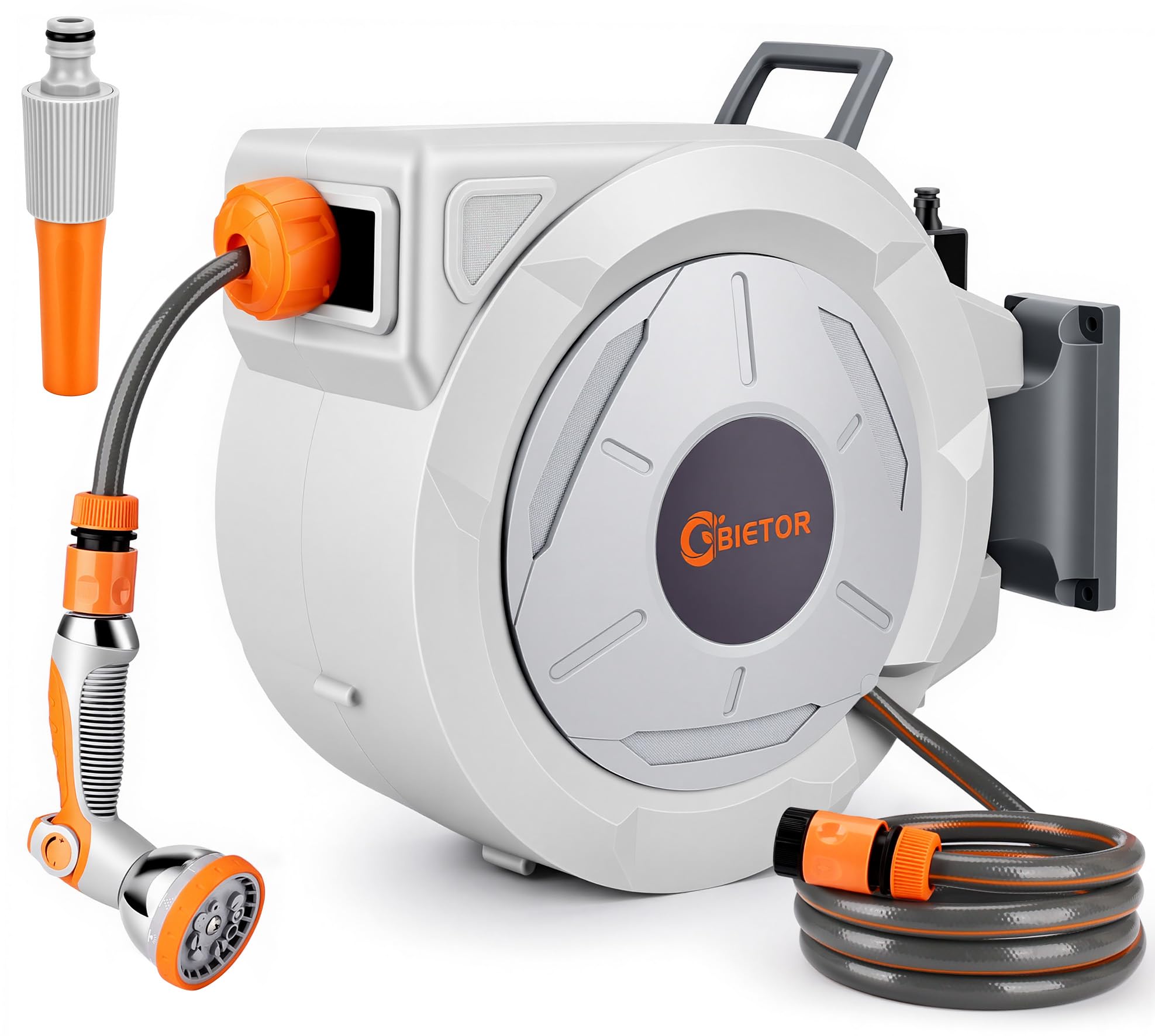 Carrete de manguera automático para montaje en pared, manguera de jardín con retracción automática, giratorio 180 grados, manguera resistente a dobleces con 10 modos de pulverización para riego