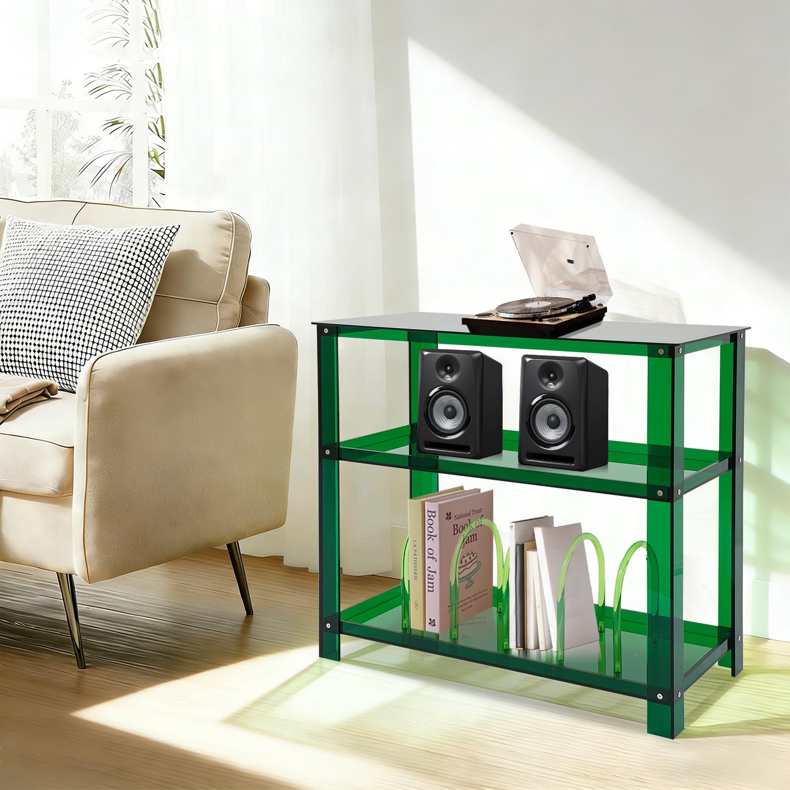 80*40*74cm Plattenspieler Regal Acryl, 3-stöckig Schallplattenständer Max. 30kg Beistelltisch für Vinyl und CDs Vinyl-Magazin-Aufbewahrungsregal mit 3 Ebenen, Plattenspieler-Schrank für Wohnzimmer