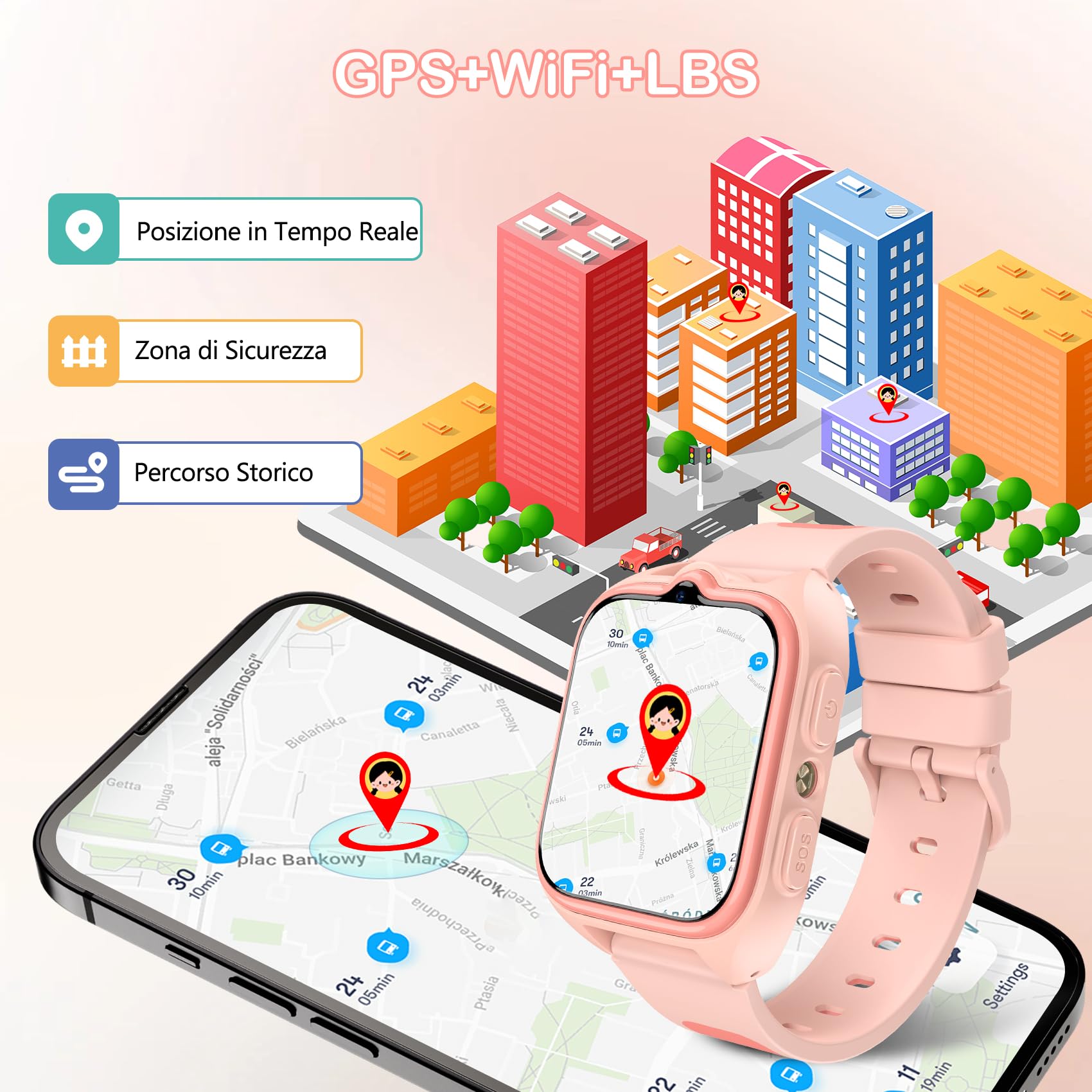 IOWODO Smartwatch Bambini 4G, Orologio Localizzatore GPS con Chiamata Video, Funzione SOS, Telecamera, Giochi Educativi, Batteria 800mAh, Impermeabile, Regalo per Ragazzi e Bambine