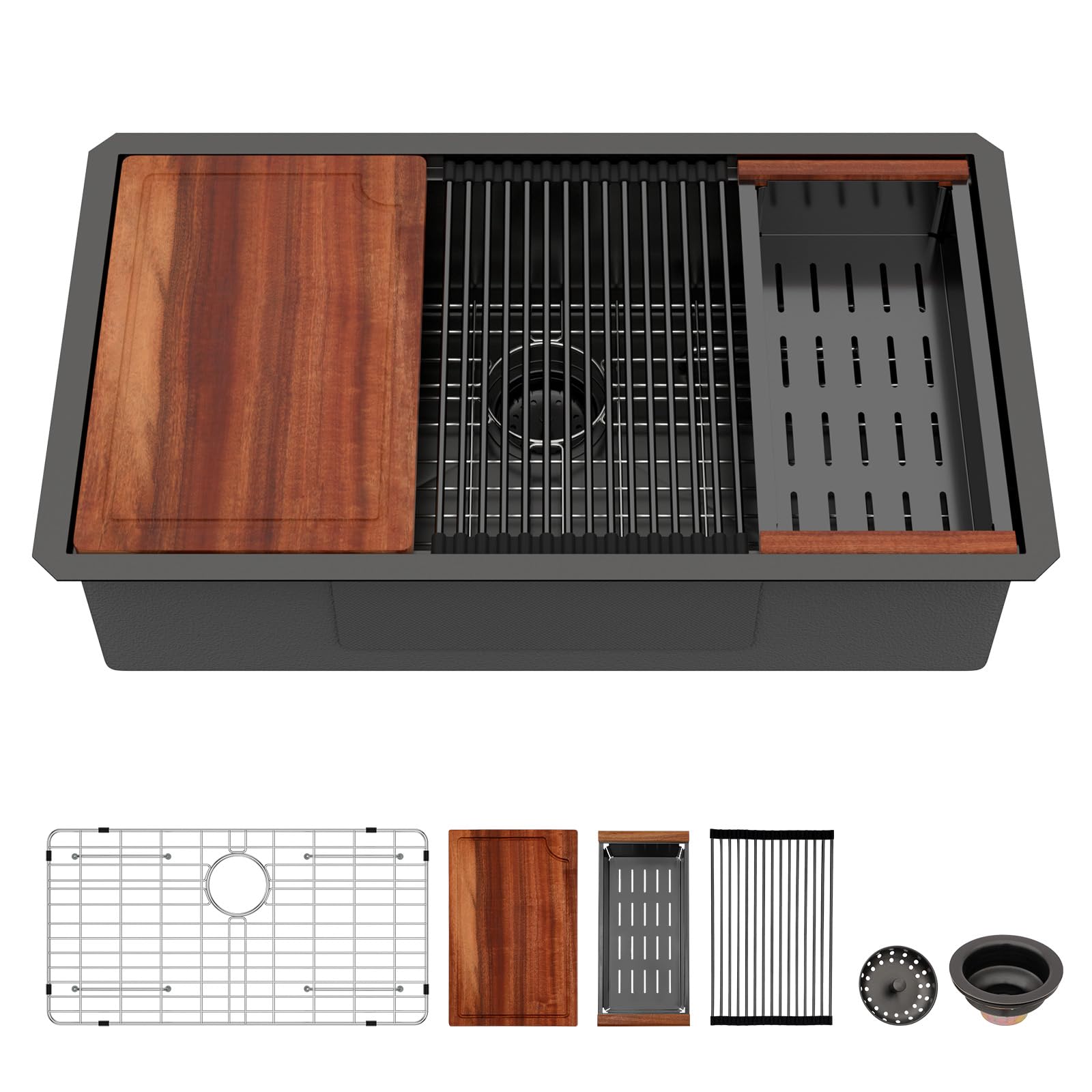 33" Black Stainless Steel Sink - Logmey 33x19 Black Undermount Kitchen Sink Workstation NANO-PVD Stainless Steel T304 16 Gauge Single Bowl 33x19x9 Inch Round CornersClimatePartner certified