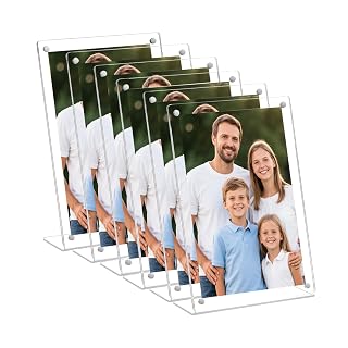 Acrylic Magnetic Picture Frames 5x7 inch, Set Of 6 Clear Slanted Back Frameless Transparent Photo Frame for Desktop Display, Standing Photo Display Holder for Home, Office - Amazon product rated Grade A