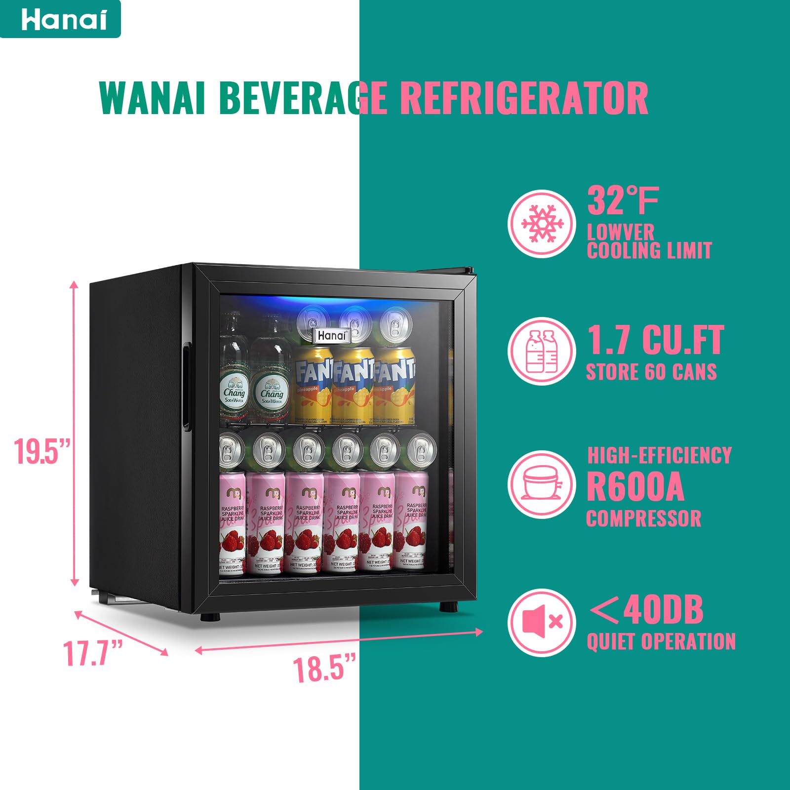 WANAI Mini Fridge Cooler 60 Can Beverage Refrigerator Black Mini Beer Fridge Glass Door For Wine Soda Juice Small Drink Cooler Machine Clear Front Removable For Home Office Bar Freestanding on Fridge.com - View 2