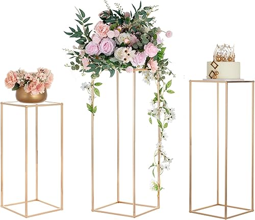 Soporte de pedestal cilíndrico para fiestas jarrones dorados para centros de mesa boda con panel acrílico 3 piezas geométricas de metal para centros