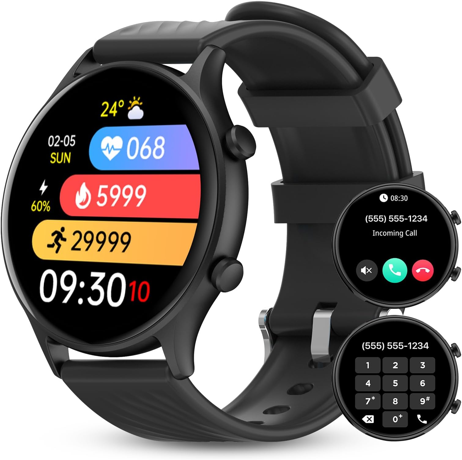 WalkerFitMen Smart Watches - Round Smart Watch Make/Answer Waterproof Fitness Watch with Pedometer, Heart Rate Monitor, Black