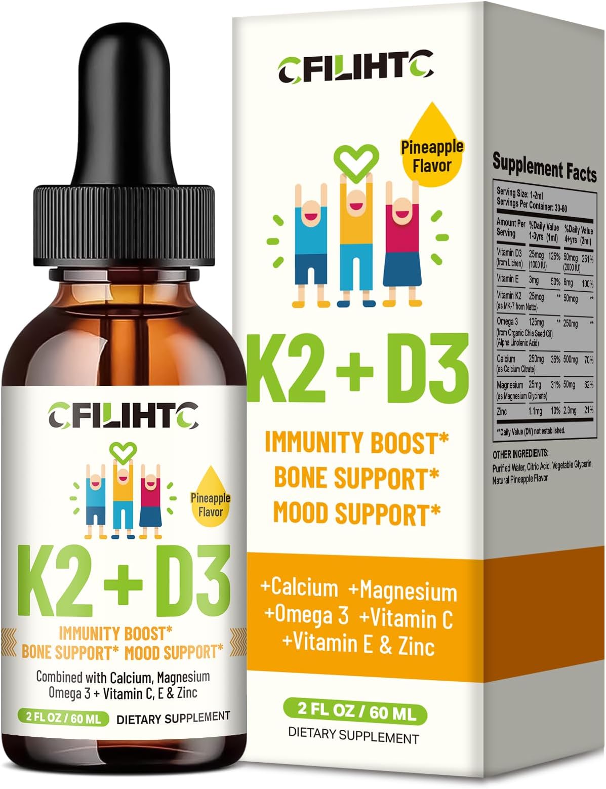 Vitamin D3 K2 Drops for Kids - Omega 3, Vitamin E, Calcium, Magnesium & Zinc for Better Absorption - Liquid MK7 1000 IU D3 Support Healthy Bones, Teeth & Heart - Non-GMO, Pineapple, 2 Fl Oz