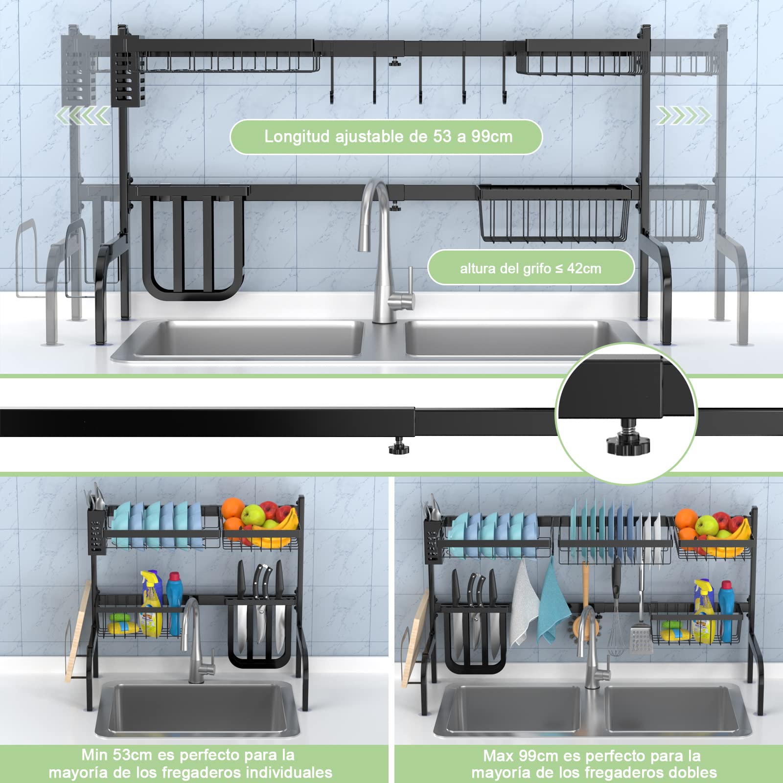 COSTWAY Escurridor de Platos, Escurreplatos sobre el Fregadero, Escurreplatos Ajustable en 2 Niveles (53-99 cm), Acero Inoxidable 4 Cestas y 8 Ganchos, Soportes para Utensilios y Cuchillos