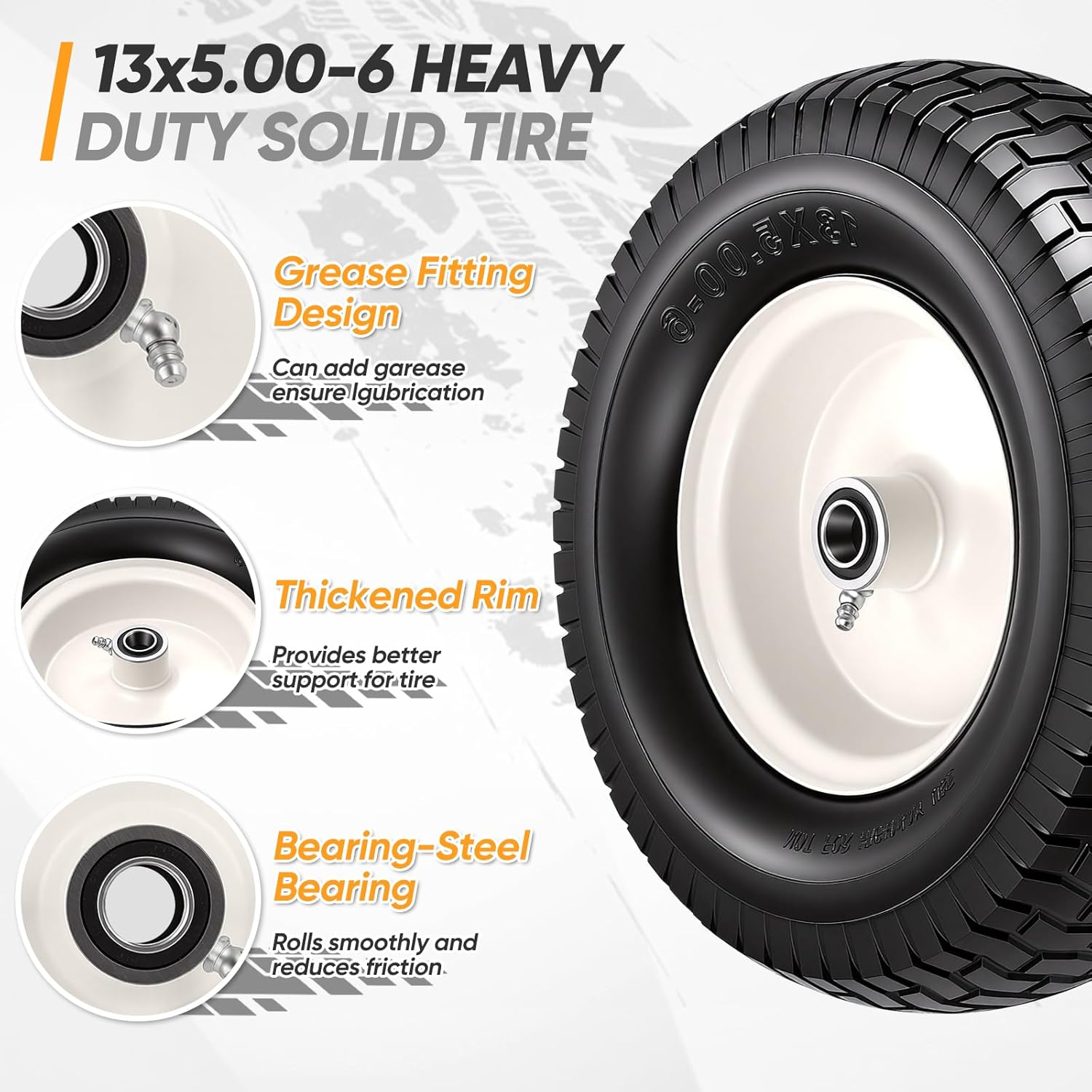 2 Pack 13x5.00-6 Flat Free Tire and Wheel Assemblies, 13x5x6 Solid Rubber Lawn Mower Tires for Riding Lawn Mower Tires and Wheel with 3/4" & 5/8" Bearings and 3" Centered Hub