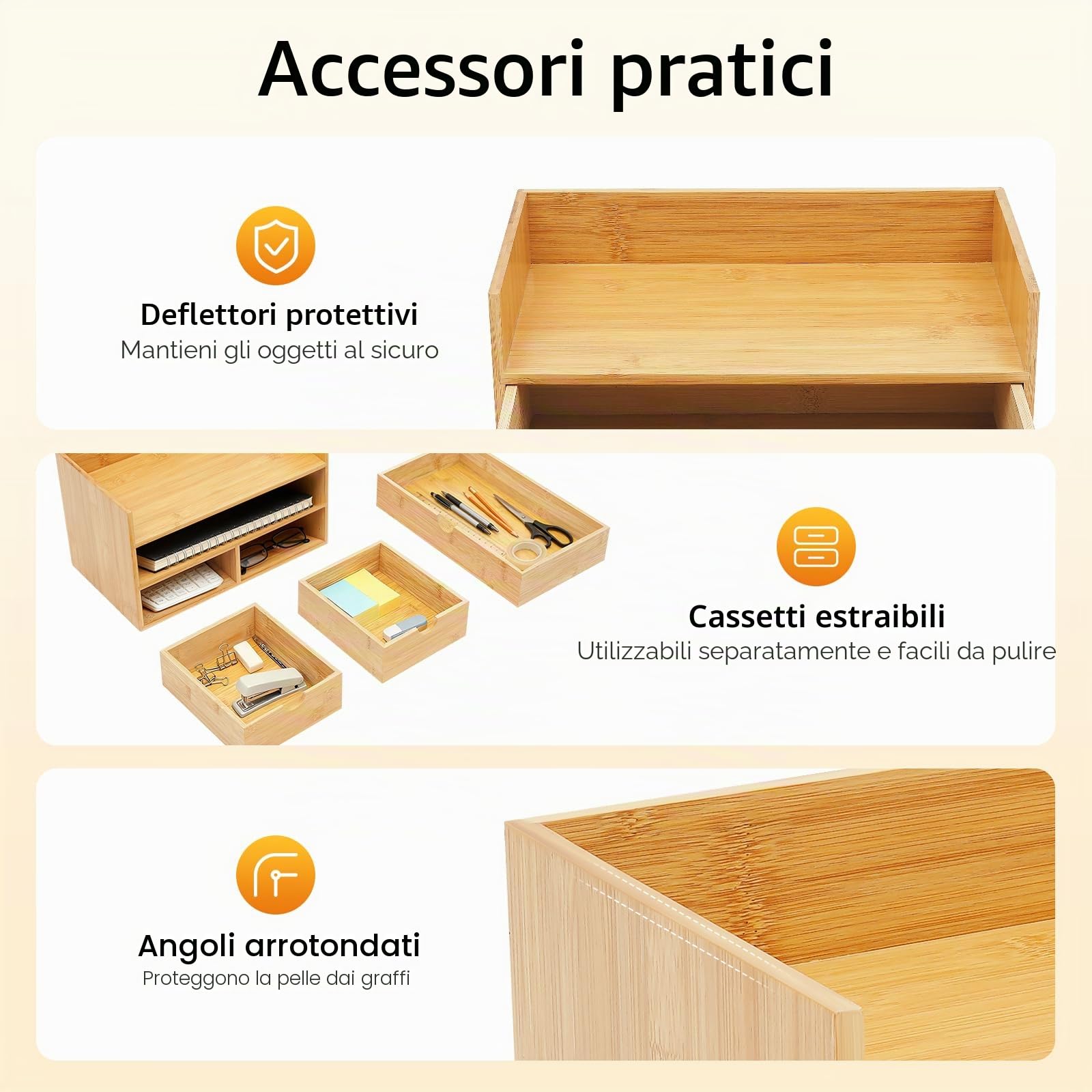 Organizer da scrivania in bambù con 3 cassetti, organizer per cassetti, ufficio, cassettiera naturale, 30 x 19 x 20 cm