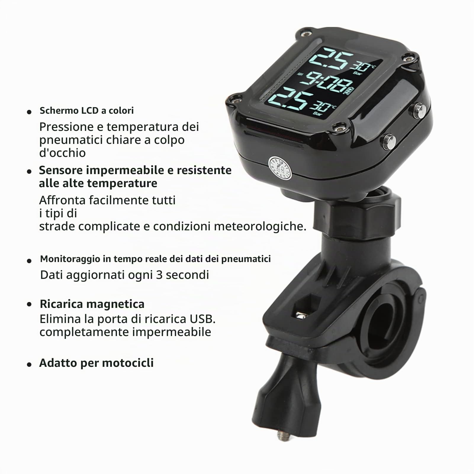 di Monitoraggio della Pressione dei Pneumatici di Monitoraggio della Pressione dei Pneumatici per Motociclette con 2 Sensori Schermo LCD di Ricarica USB IP67 TPMS
