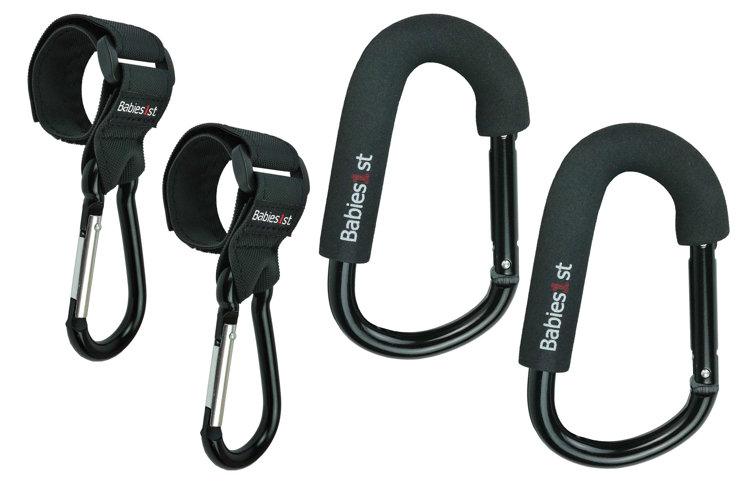 Babies1st Spar Set: Rutschfeste Kinderwagen Karabiner mit Premium Klettverschluss (2-er Set) und große Karabiner 14 cm (2-er Set)