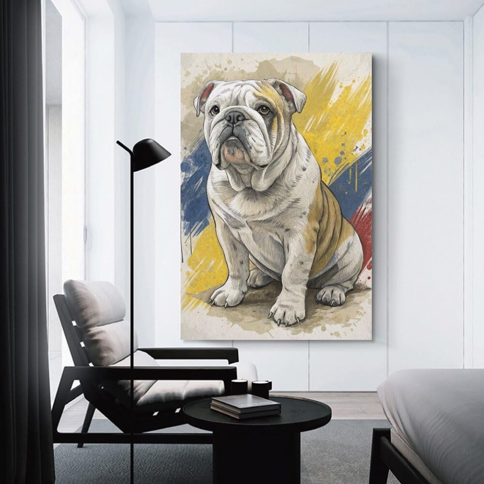 Junmoney English Bulldog Portrait with Abstract Background Hanging Wall Art 24x36inch(60x90cm), for New Homes, Bedrooms Or Workspaces, Thoughtful Wall Decor for Art Lovers
