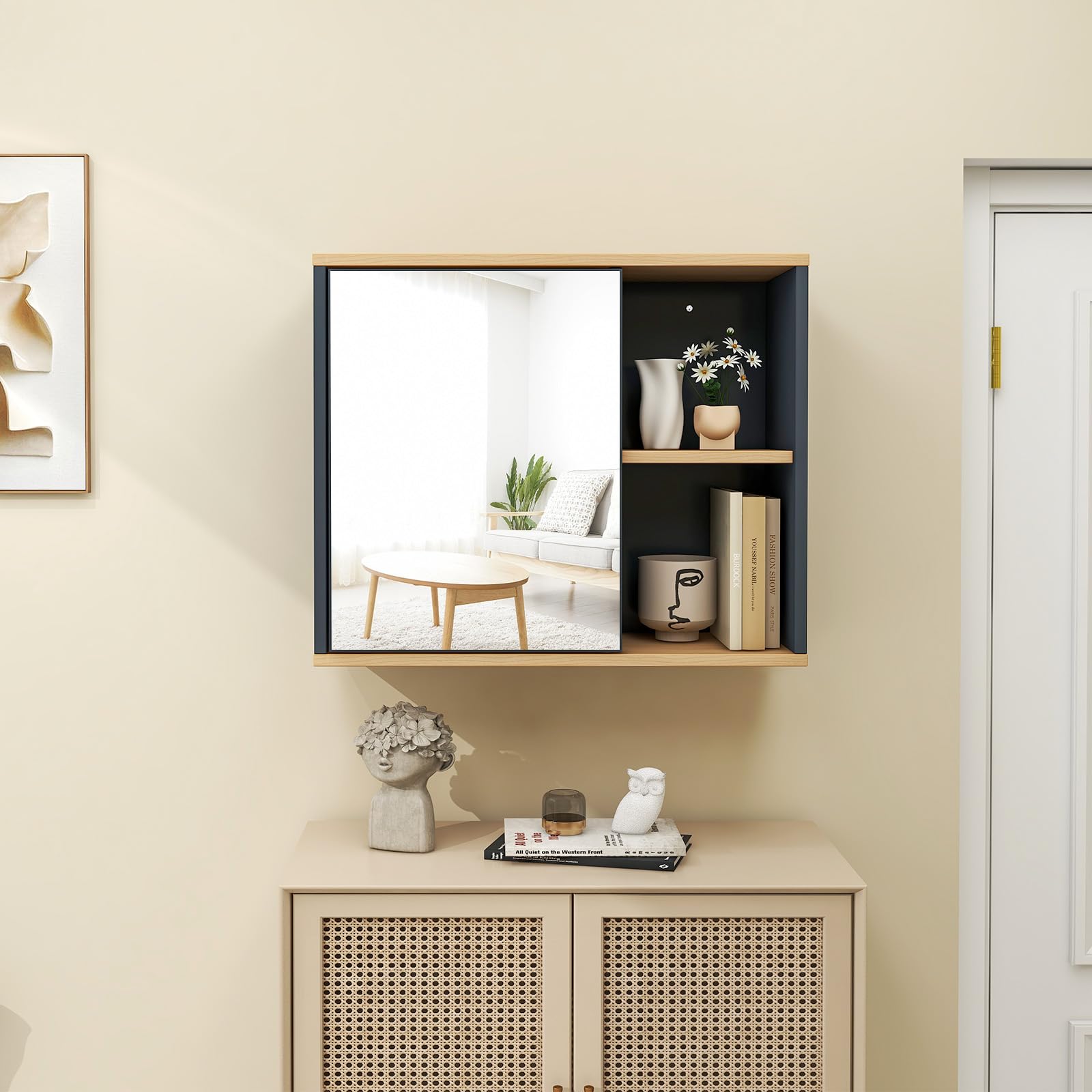 RELAX4LIFE Mobile Bagno con Specchio, Specchiera Salvaspazio con Vano Contenitore, 3 Ripiani Regolabili e 2 Scomparti Aperti, Armadietto Bagno da Parete, 60 x 20 x 50 cm