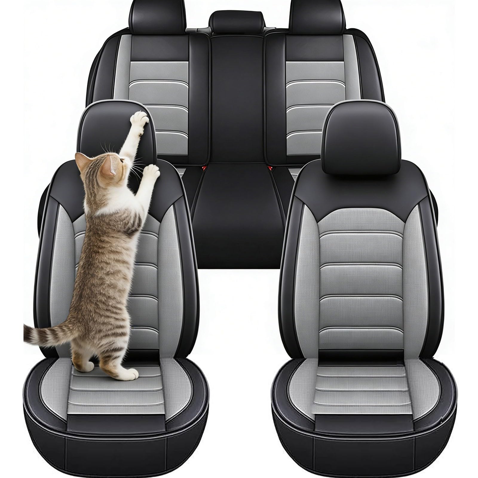 5 Seats Universal PU Leather Car Seat Covers for Chevrolet Camaro Z28, Waterproof Breathable All Season Seat Covers,Front Seat Covers with Matching Back Seats Cover for Cars SUV Sedans Pickup(Gray)