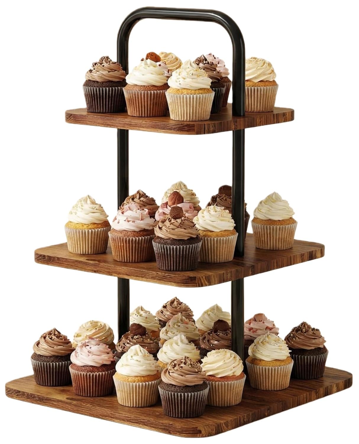 KAHEIGN 3 Tier Wooden Cupcake Stand, 30CM Square Cupcake Tower Tiered Display Stand Reusable Cake Dessert Holder for Wedding Birthday Baby Shower Halloween Party