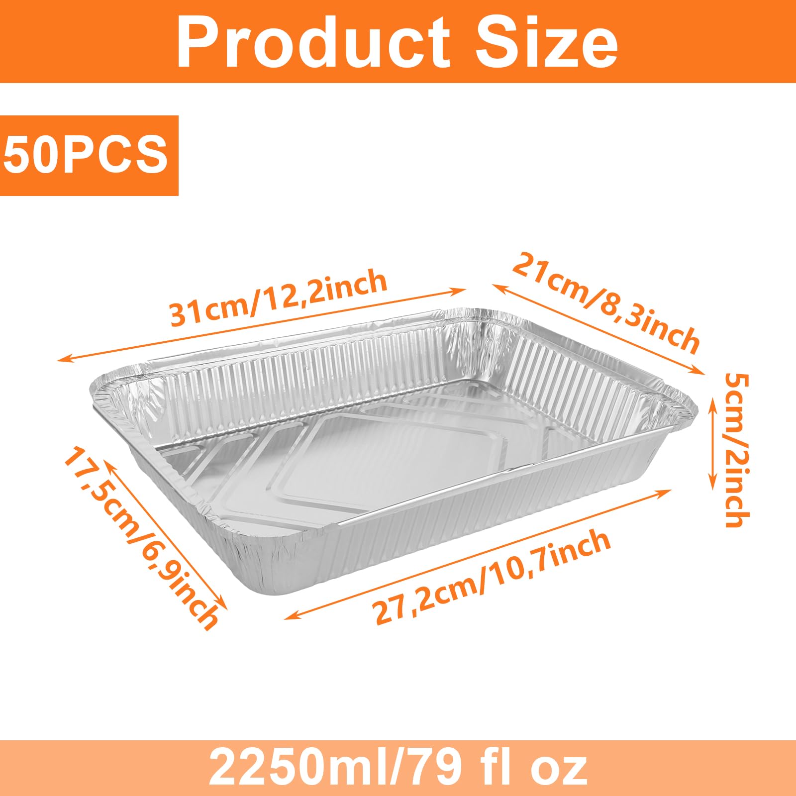WOPPLXY 50 Bandejas de Aluminio para Barbacoa, 31,5 x 21,5 x 5 cm, Bandejas de Aluminio para Barbacoa, 2250 ml, Bandeja de Aluminios para Hornear, Cocinar y Asar (Sin Tapa)