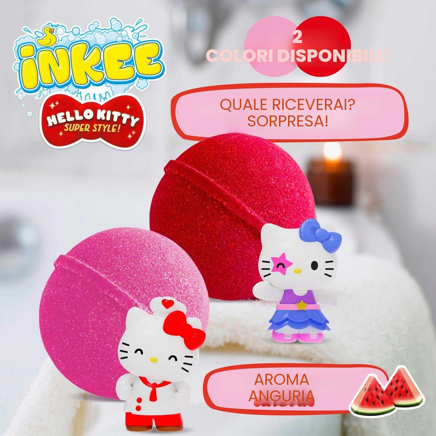 INKEE Hello Kitty – Bomba da bagno per bambini con sorpresa – 1 di 6 personaggi Hello Kitty da collezionare – Palla da bagno 80 g con aroma di anguria e olio di jojoba, rosa o rosso