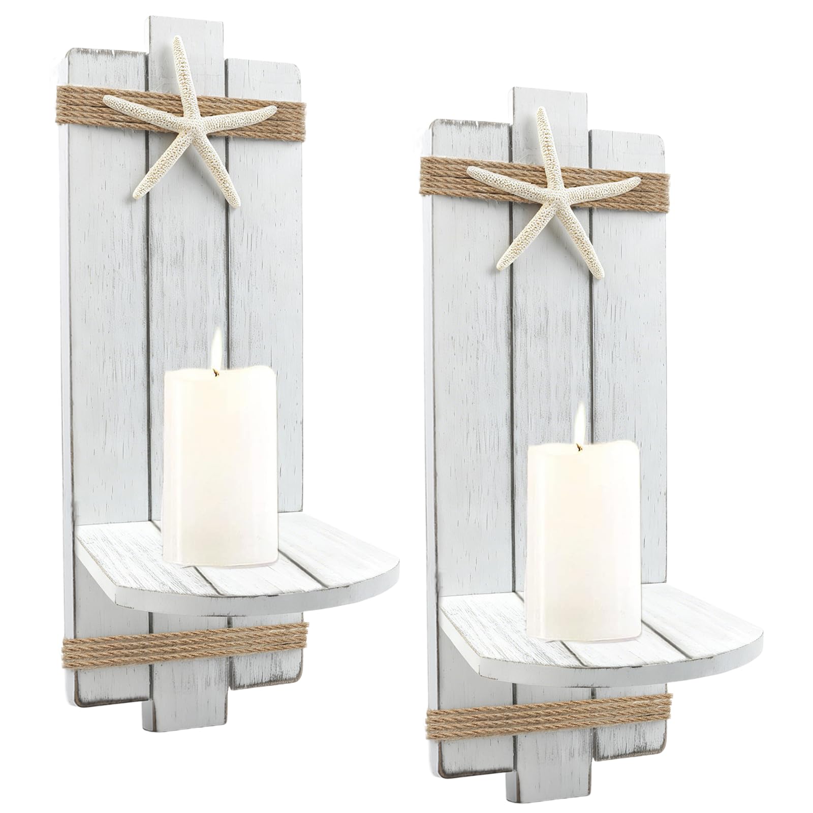 Fangoo 2pcs 40cm White Wooden Wall Candle Holders with Natural Starfish Ocean Themed Wall Mount Candle Sconces Rustic Farmhouse Decorations for Bathroom Home Living Room Hallway Hanging Floral Display