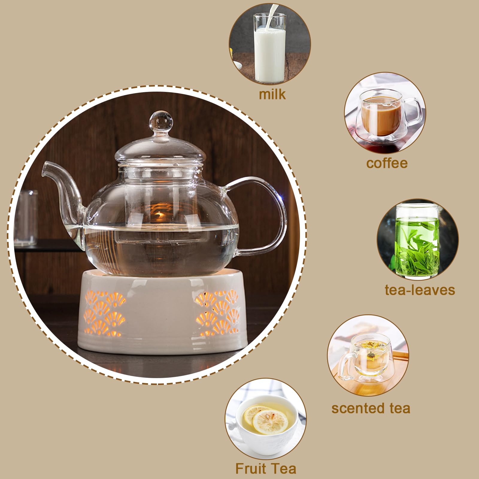 Rechaud, rechaud voor theepot, koffieverwarmer, keramiek, theepot met theelichtje verwarmer, theerechaud, thee rechaud theepot keramiek, theeverwarmer geschikt voor het verwarmen van thee en koffie