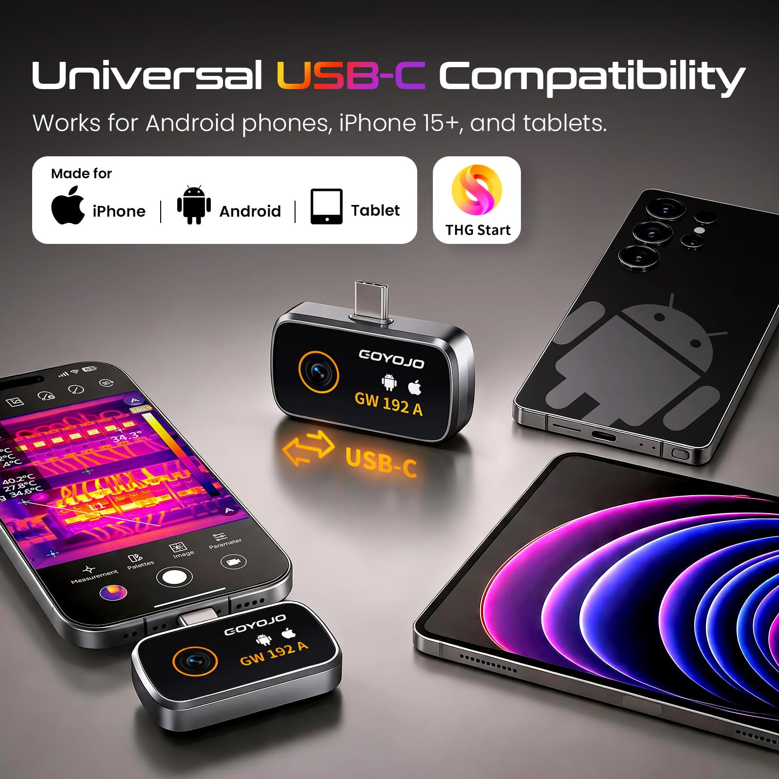 Camera Thermique USB-C, Résolution IR 192×192, Angle Large de 50°, Idéale pour les Inspections de Bâtiments, les Tests Électriques et les Inspections de Pipelines (Compatible avec iOS & Android)