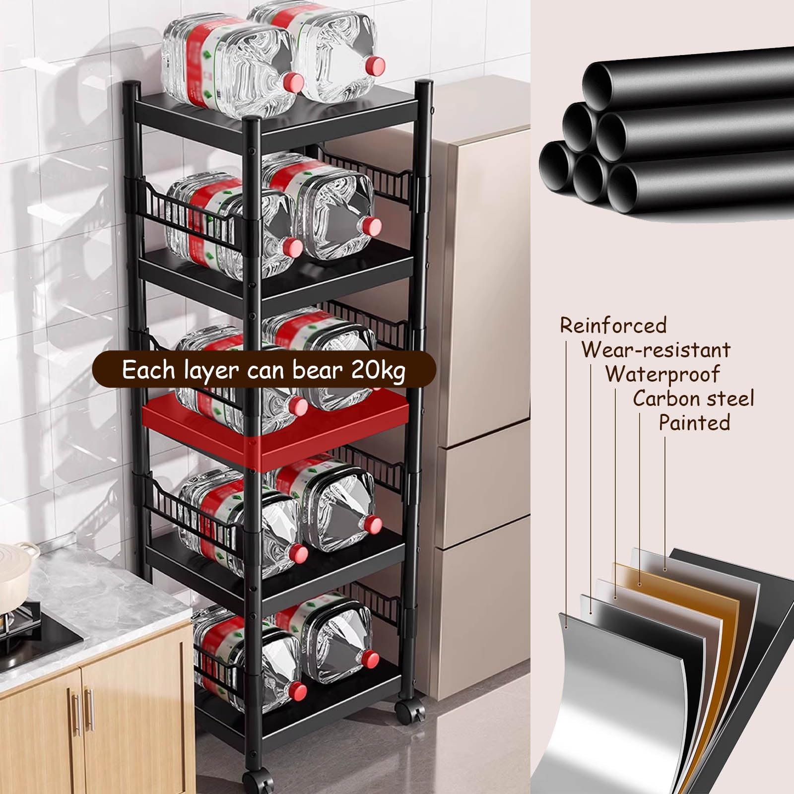Scaffalatura in metallo resistente a 5 ripiani con ruote girevoli, scaffale versatile per dispensa, camera da letto, lavanderia e armadio