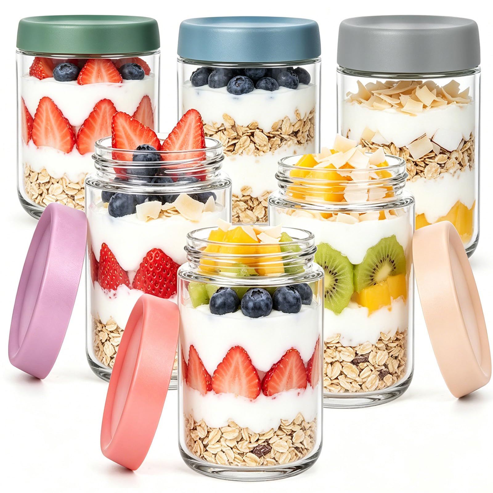 Savorella 6 Pack Overnight Oats Containers with Lids, 500ml/16oz Wide Mouth Mason Jars, Glass Food Containers with Airtight Lids for Overnight Oats Jars for Yogurt, Meal Prep, Chia Pudding (6)