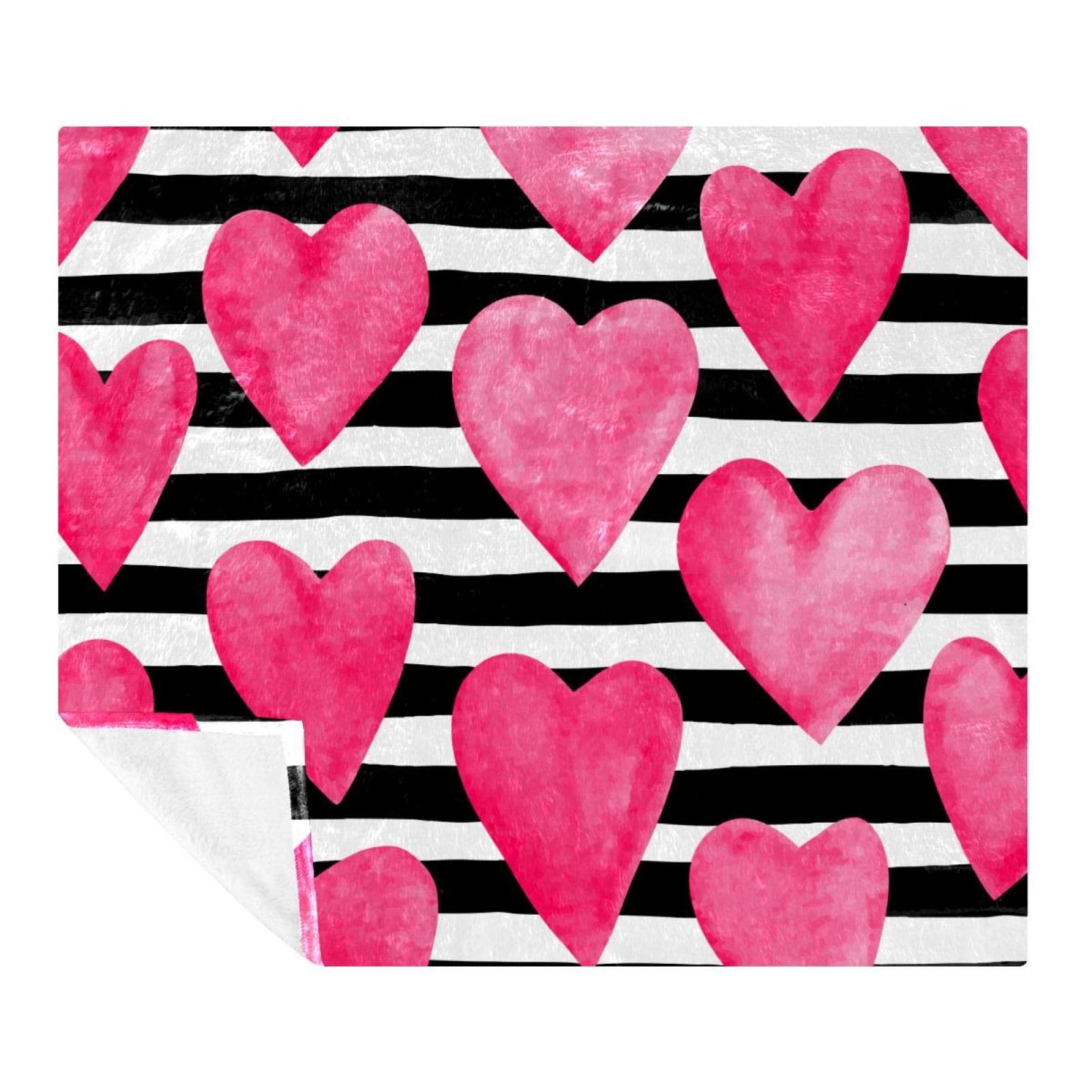 Couverture douce pour canapé lit et voyage avec motif cœur rose et rayures