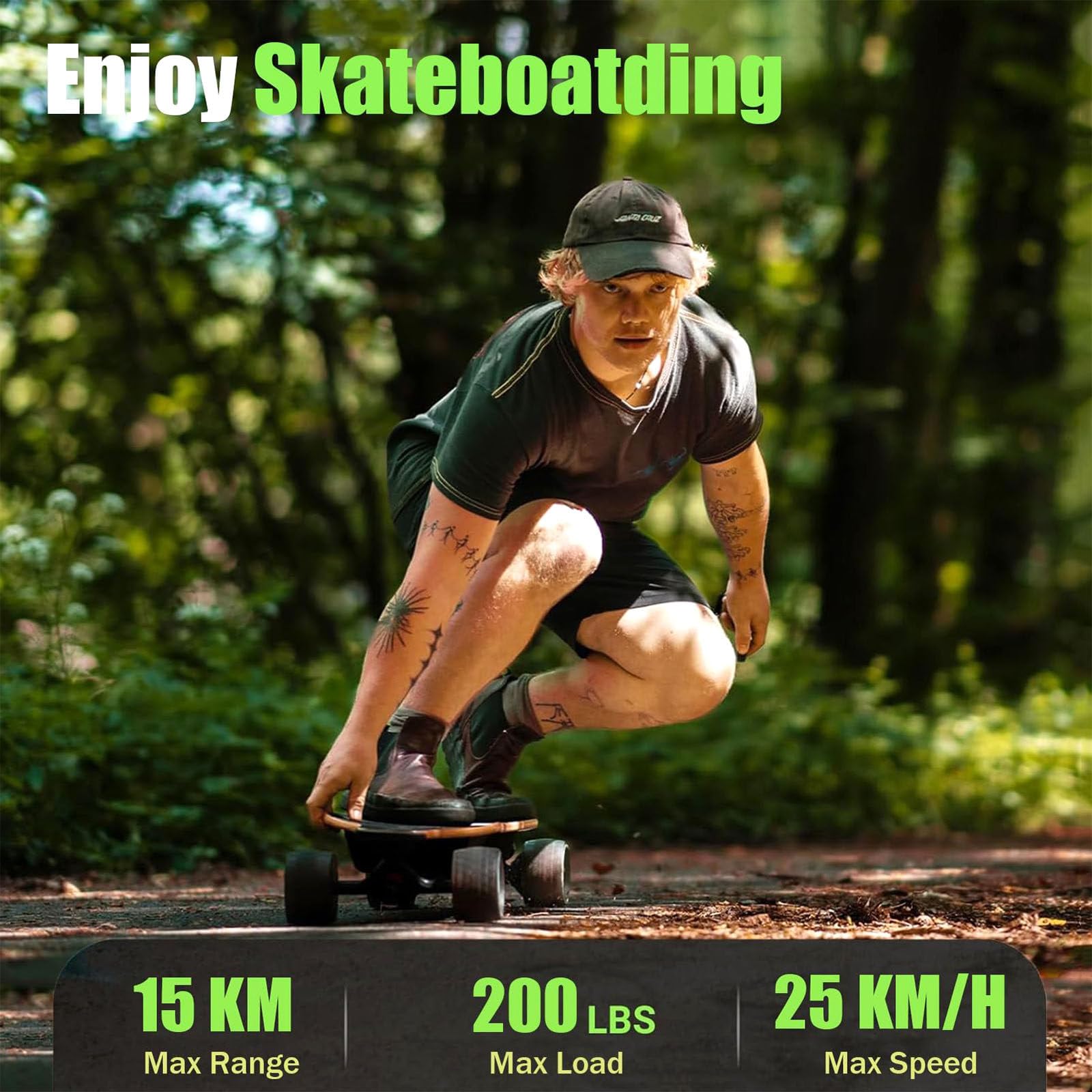 Planche à roulettes Électrique 15 km pour Adultes & Adolescents - Moteurs 2 * 350W, 25 km/h, Télécommande 4 Vitesses, Charge 90 kg, Longboard en Érable 7 Plis pour Campus/Route