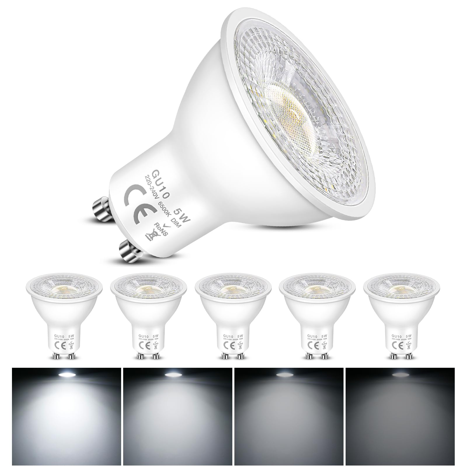 Dimmbar GU10 LED 5W Lampen, MR16 Reflektor LED Spots, Ersetzt 50W Halogenlampen, 6500K Kaltweißem Licht, 500LM, AC 220V-240V, 120° Breite Abstrahlwinkel, Energiesparende Reflektorlampe, 6 Stück