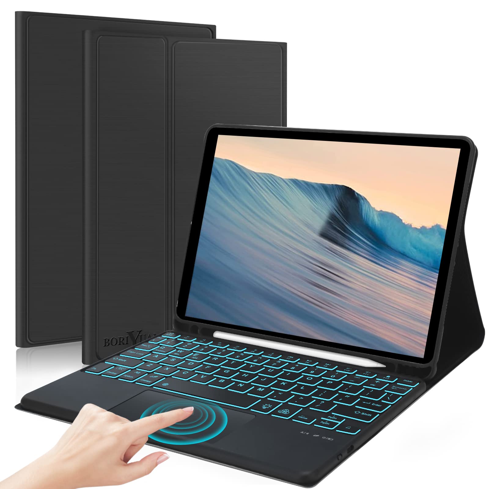BORIYUAN Touchpad Keyboard Case for iPad Air 5th Gen 2022/Air 4th Gen 2020/iPad Pro 11, 7 Colors Backlit Detachable Trackpad Keyboard Slim Folio Cover for iPad Pro 11 inch 4th/3rd/2nd/1st Gen – Black