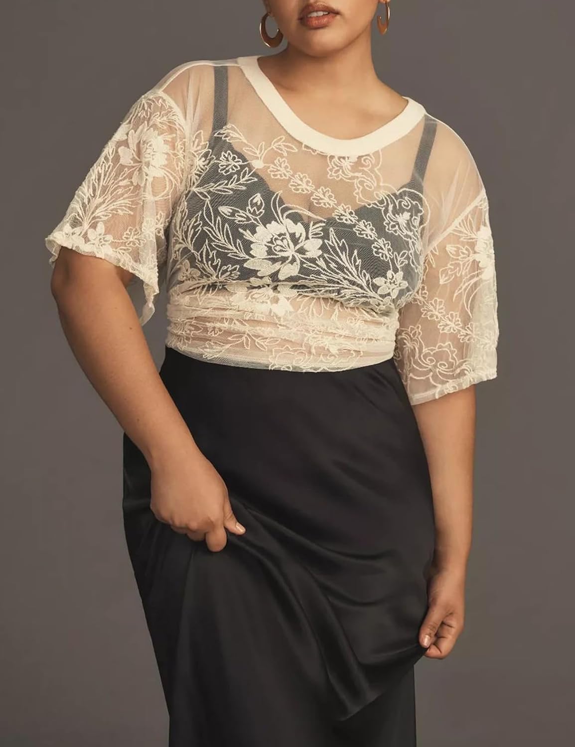 Arssm Womens Lace Mesh Top Short Sleeve Floral Embroidered Sheer Blouse Sexy See Through Lace Layering Shirts(Apricot-S) - Image 2