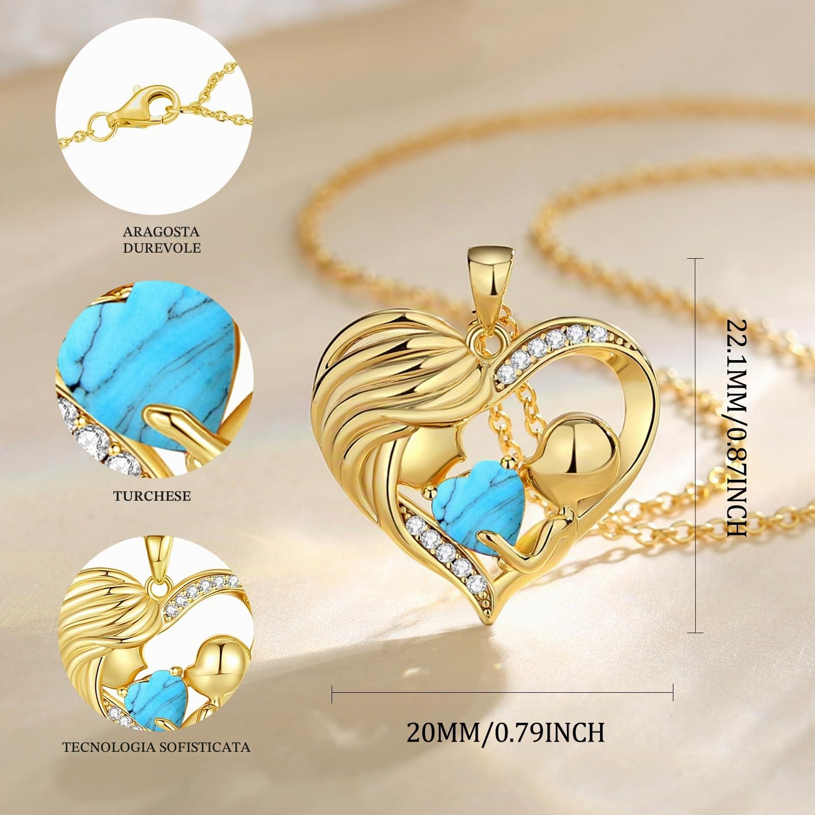 Collana in oro con pietra portafortuna per mamma e figlio, collana con cuore e scritta "I Love You Mom", regalo per la festa della mamma, gioielli per la nonna, mamma, moglie, 40,6 cm + 5,1 cm,