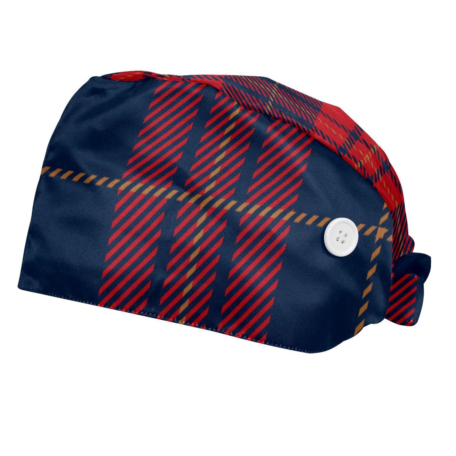 2 Pieces Tartan Plaid Red Navy Blue Pattern Working Caps with Button Tie Back Hats with Sweatband for Women Men