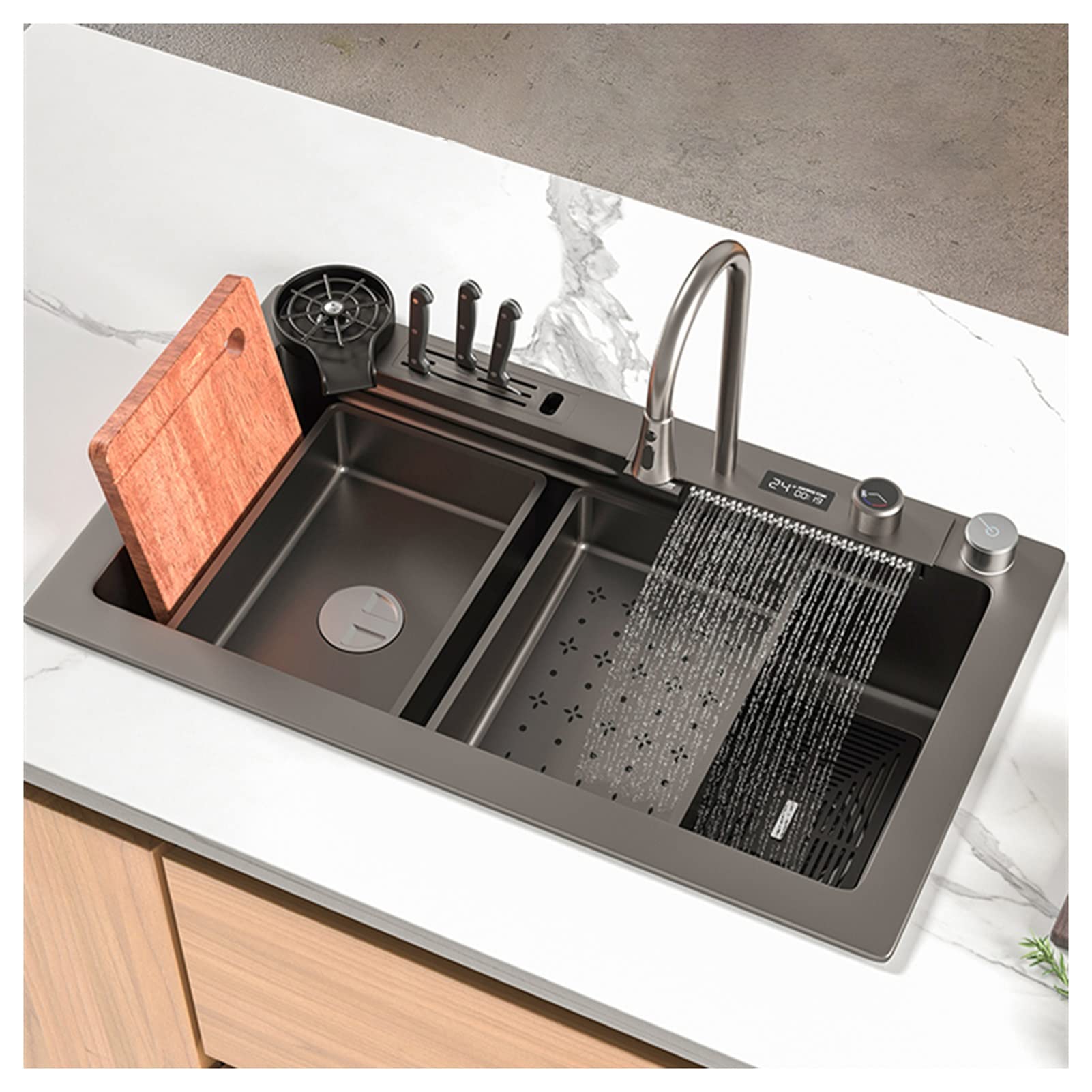 ZQFHSX Kitchen Sinks, Waterfall Sink, Stainless Steel Bar Sink,with Cup Washer Drop-in Or Undermount Installation (Color : Black-Gray, Size 80x46cm)