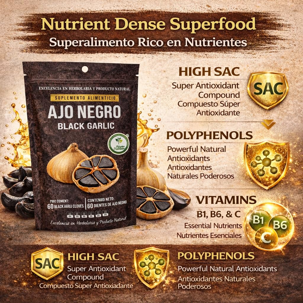Ajo Negro (Black Garlic) - 60 Whole Cloves - 100% Natural Superfood Dietary Supplement - High in Antioxidants & S-Allylcysteine - Ready to Eat or for Recipes - Vegan, Non-GMO - Authentic by High Supreme