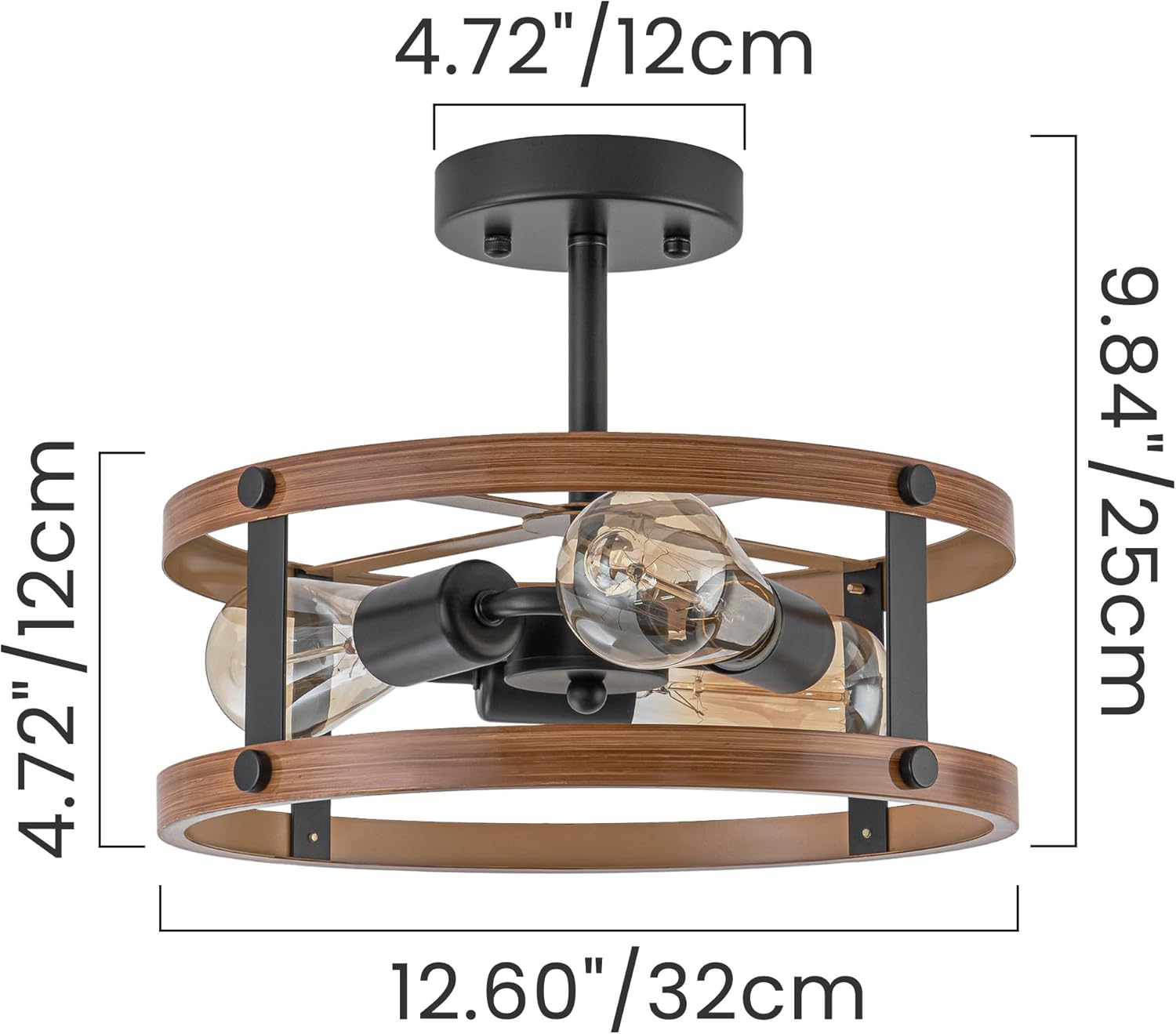 Farmhouse Semi Flush Mount Ceiling Light Fixture, Rustic 3-Light Flush Mount Light Fixture with Wood Grain Finish, Retro Ceiling Lamp for Hallway Entryway Bedroom Dining Room