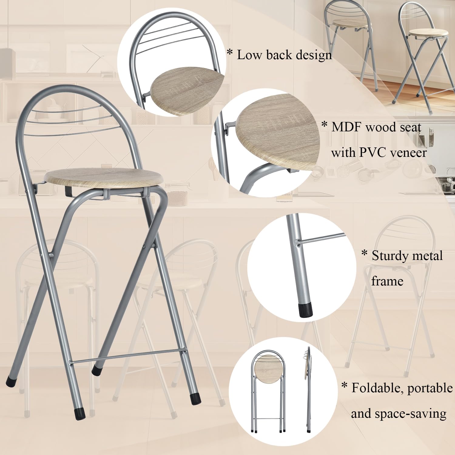 Sgabello Da Bar Pieghevole GOKHOMX - Con Schienale, Altezza Seduta 61 Cm, Struttura Metallo, Seduta MDF, Per Cucina, Balcone, Bistrò, Pronto All'uso