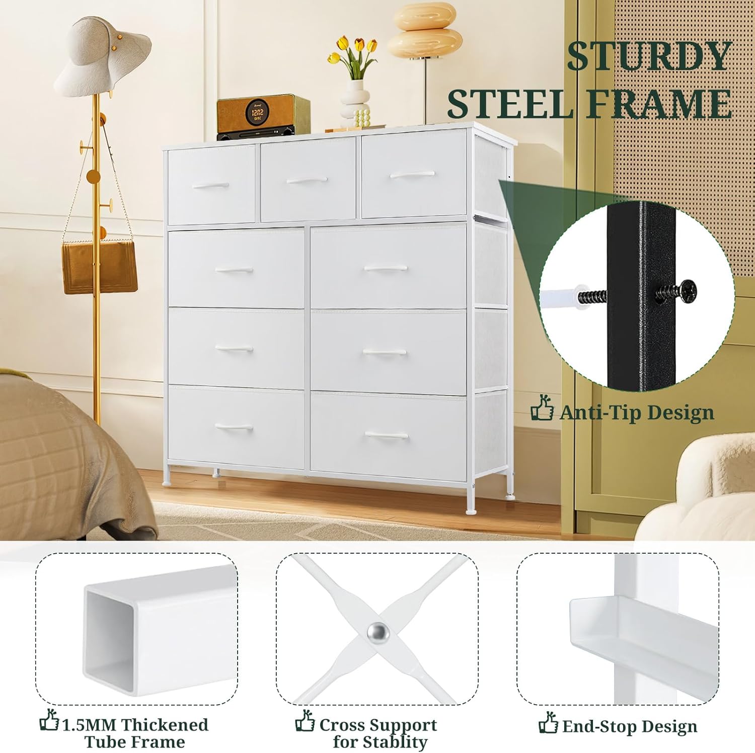 9-Drawer Dresser for Bedroom, Anti-Tip Tall Storage Organizer Chest of Drawers with Wooden Top and Metal Frame Fabric Bins for Closet, Living Room, Hallway, Entryway, White